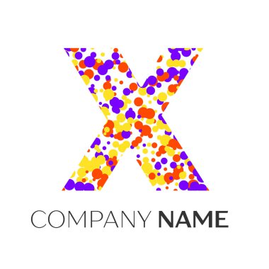 Mor, sarı, kırmızı parçacıklar ve kabarcıklar noktalar beyaz arka plan ile mektup X logo. Tasarımınız için vektör şablonu
