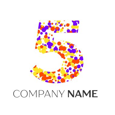 Mor, sarı, kırmızı parçacıklar ve kabarcıklar nokta beş logolu beyaz arka plan üzerinde numara. Tasarımınız için vektör şablonu