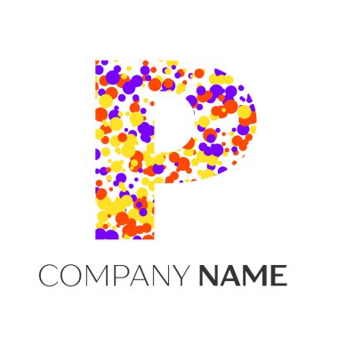 Mor, sarı, kırmızı parçacıklar ve kabarcıklar noktalar beyaz arka plan ile harf P logo. Tasarımınız için vektör şablonu