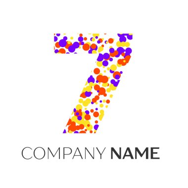 Mor, sarı, kırmızı parçacıklar ve kabarcıklar nokta yedi logolu beyaz arka plan üzerinde numara. Tasarımınız için vektör şablonu