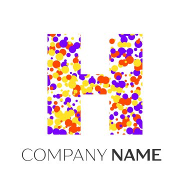 H harfi logo noktalı mor, sarı, kırmızı parçacıklar ve kabarcıklar beyaz arka plan üzerinde. Tasarımınız için vektör şablonu