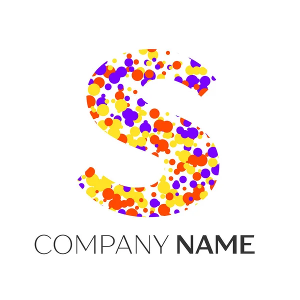 Letter S logo with purple, yellow, red particles and bubbles dots on white background. Vector template for your design — Stock Vector