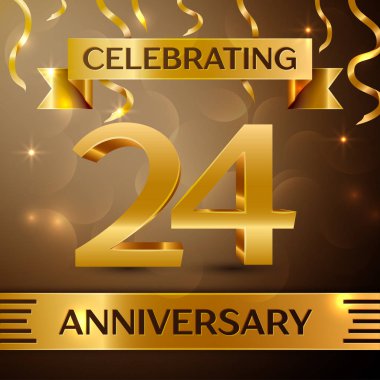 Yirmi dört yıl yıldönümü kutlama tasarım. Konfeti ve altın zemin üzerine altın şerit. Doğum günü partin için renkli vektör şablon öğeleri. Yıldönümü şerit