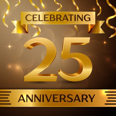 Yirmi beş yıl yıldönümü kutlama tasarım. Konfeti ve altın zemin üzerine altın şerit. Doğum günü partin için renkli vektör şablon öğeleri. Yıldönümü şerit