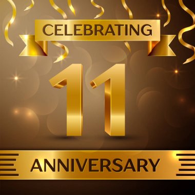 On bir yıl yıldönümü kutlama tasarım. Konfeti ve altın zemin üzerine altın şerit. Doğum günü partin için renkli vektör şablon öğeleri. Yıldönümü şerit