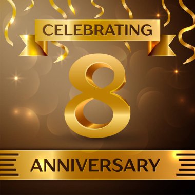 Sekiz yıl yıldönümü kutlama tasarım. Konfeti ve altın zemin üzerine altın şerit. Doğum günü partin için renkli vektör şablon öğeleri. Yıldönümü şerit