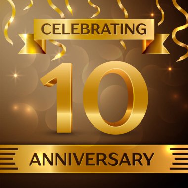 On yıl yıldönümü kutlama tasarım. Konfeti ve altın zemin üzerine altın şerit. Doğum günü partin için renkli vektör şablon öğeleri. Yıldönümü şerit