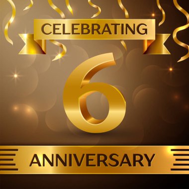 Altı yıl yıldönümü kutlama tasarım. Konfeti ve altın zemin üzerine altın şerit. Doğum günü partin için renkli vektör şablon öğeleri. Yıldönümü şerit