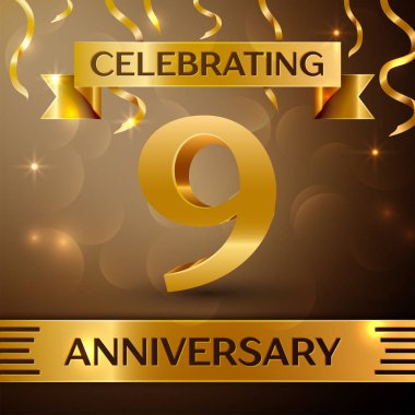 Dokuz yıl yıldönümü kutlama tasarım. Konfeti ve altın zemin üzerine altın şerit. Doğum günü partin için renkli vektör şablon öğeleri. Yıldönümü şerit