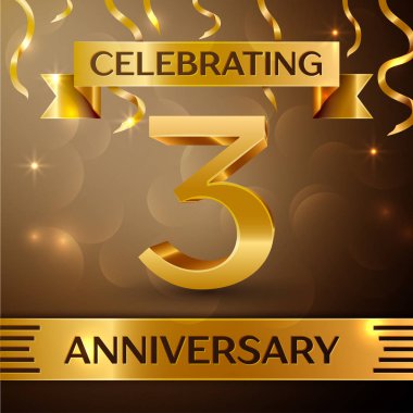 Üç yıl yıldönümü kutlama tasarım. Konfeti ve altın zemin üzerine altın şerit. Doğum günü partin için renkli vektör şablon öğeleri. Yıldönümü şerit