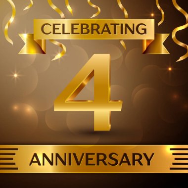 Dört yıl yıldönümü kutlama tasarım. Konfeti ve altın zemin üzerine altın şerit. Doğum günü partin için renkli vektör şablon öğeleri. Yıldönümü şerit