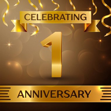 Bir yıl yıldönümü kutlama tasarım. Konfeti ve altın zemin üzerine altın şerit. Doğum günü partin için renkli vektör şablon öğeleri. Yıldönümü şerit