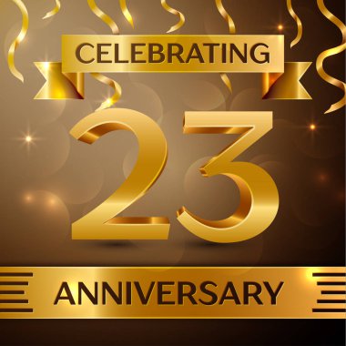 Yirmi üç yıl yıldönümü kutlama tasarım. Konfeti ve altın zemin üzerine altın şerit. Doğum günü partin için renkli vektör şablon öğeleri. Yıldönümü şerit