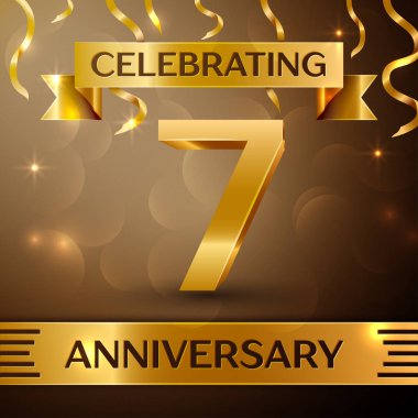 Yedi yıl yıldönümü kutlama tasarım. Konfeti ve altın zemin üzerine altın şerit. Doğum günü partin için renkli vektör şablon öğeleri. Yıldönümü şerit