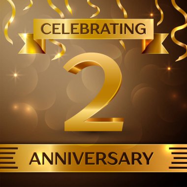 İki yıl yıldönümü kutlama tasarım. Konfeti ve altın zemin üzerine altın şerit. Doğum günü partin için renkli vektör şablon öğeleri. Yıldönümü şerit