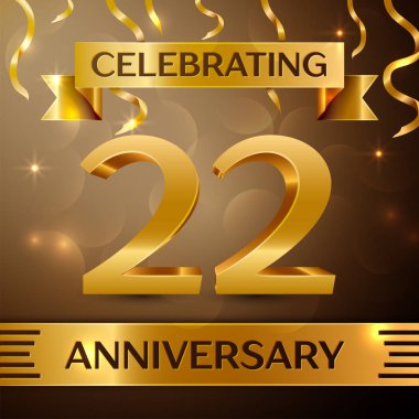 Yirmi iki yıl yıldönümü kutlama tasarım. Konfeti ve altın zemin üzerine altın şerit. Doğum günü partin için renkli vektör şablon öğeleri. Yıldönümü şerit