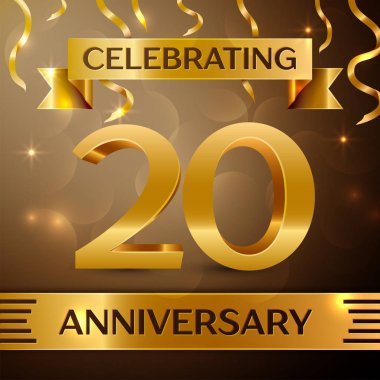 Yirmi yıl yıldönümü kutlama tasarım. Konfeti ve altın zemin üzerine altın şerit. Doğum günü partin için renkli vektör şablon öğeleri. Yıldönümü şerit