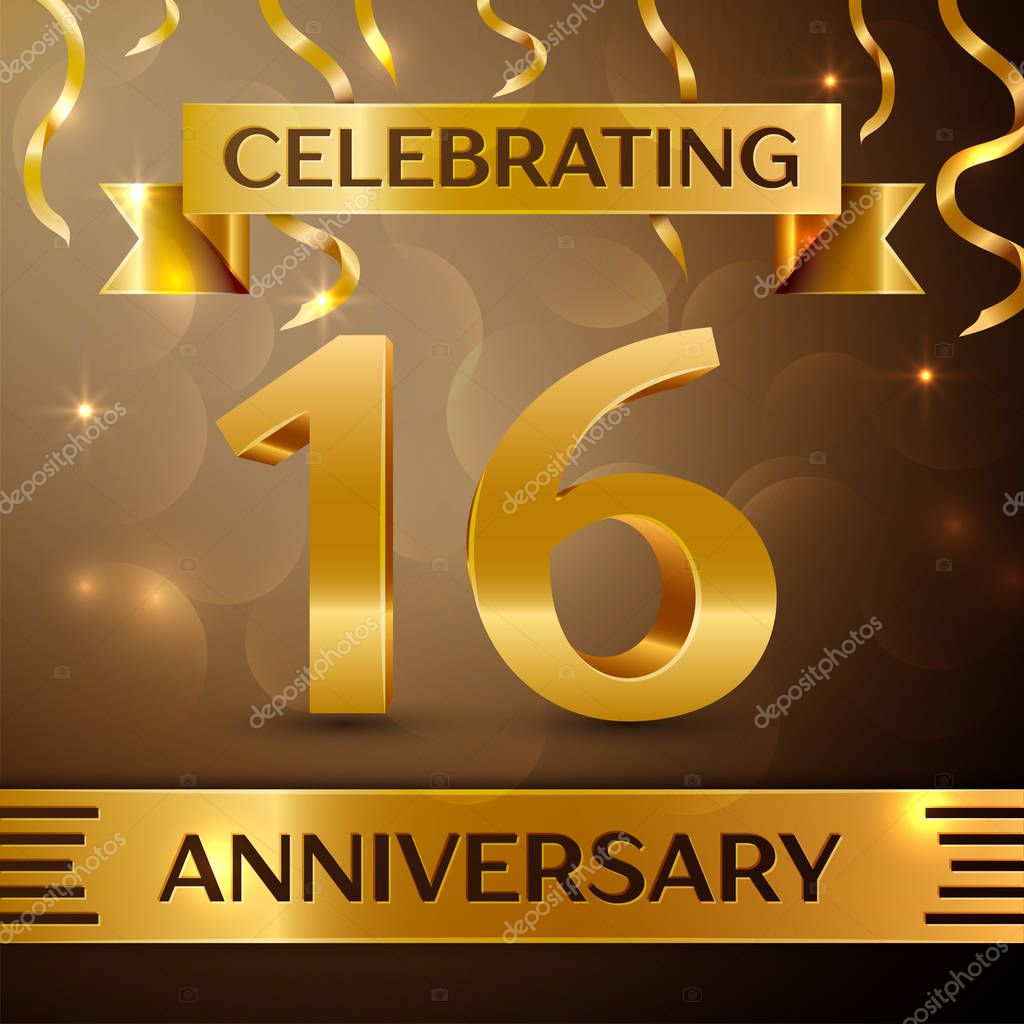 Sixteen Years Anniversary Celebration Design. Confetti and gold ribbon on golden background. Colorful Vector template elements for your birthday party. Anniversary ribbon