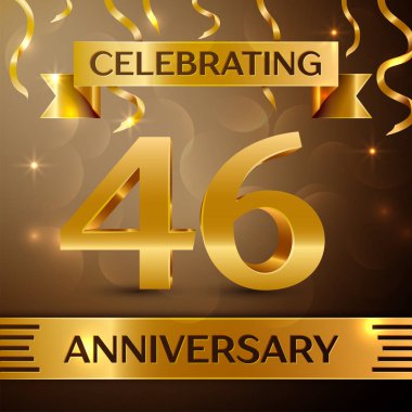 Kırk altı yıl yıldönümü kutlama tasarım. Konfeti ve altın zemin üzerine altın şerit. Doğum günü partin için renkli vektör şablon öğeleri. Yıldönümü şerit