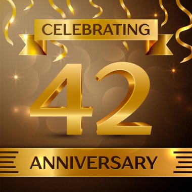 Kırk iki yıl yıldönümü kutlama tasarım. Konfeti ve altın zemin üzerine altın şerit. Doğum günü partin için renkli vektör şablon öğeleri. Yıldönümü şerit