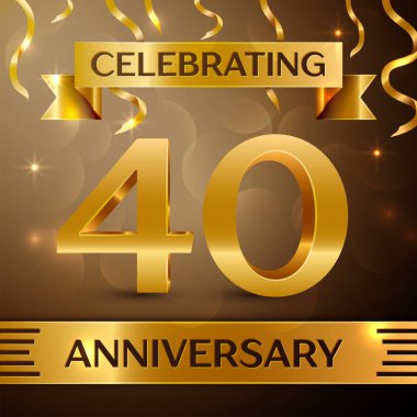 Kırk yıl yıldönümü kutlama tasarım. Konfeti ve altın zemin üzerine altın şerit. Doğum günü partin için renkli vektör şablon öğeleri. Yıldönümü şerit