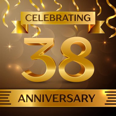 Otuz sekiz yıl yıldönümü kutlama tasarım. Konfeti ve altın zemin üzerine altın şerit. Doğum günü partin için renkli vektör şablon öğeleri. Yıldönümü şerit