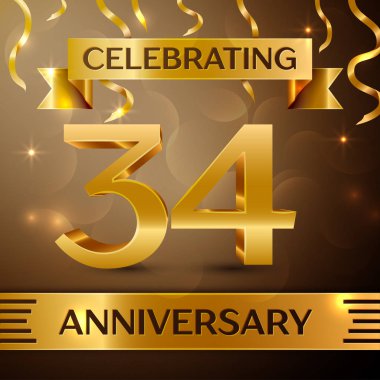 Otuz dört yıl yıldönümü kutlama tasarım. Konfeti ve altın zemin üzerine altın şerit. Doğum günü partin için renkli vektör şablon öğeleri. Yıldönümü şerit