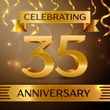 Otuz beş yıl yıldönümü kutlama tasarım. Konfeti ve altın zemin üzerine altın şerit. Doğum günü partin için renkli vektör şablon öğeleri. Yıldönümü şerit