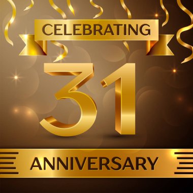 Otuz bir yıl yıldönümü kutlama tasarım. Konfeti ve altın zemin üzerine altın şerit. Doğum günü partin için renkli vektör şablon öğeleri. Yıldönümü şerit