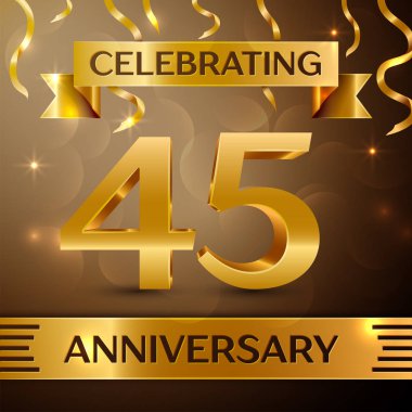 Kırk beş yıl yıldönümü kutlama tasarım. Konfeti ve altın zemin üzerine altın şerit. Doğum günü partin için renkli vektör şablon öğeleri. Yıldönümü şerit