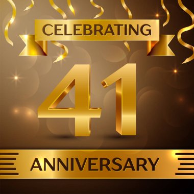 Kırk bir yıl yıldönümü kutlama tasarım. Konfeti ve altın zemin üzerine altın şerit. Doğum günü partin için renkli vektör şablon öğeleri. Yıldönümü şerit