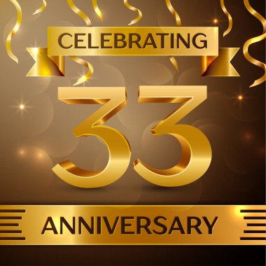 Otuz üç yıl yıldönümü kutlama tasarım. Konfeti ve altın zemin üzerine altın şerit. Doğum günü partin için renkli vektör şablon öğeleri. Yıldönümü şerit