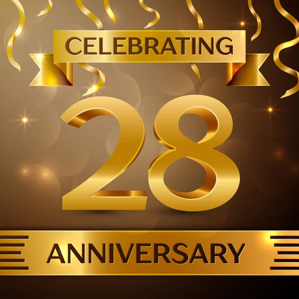 Yirmi sekiz yıl yıldönümü kutlama tasarım. Konfeti ve altın zemin üzerine altın şerit. Doğum günü partin için renkli vektör şablon öğeleri. Yıldönümü şerit
