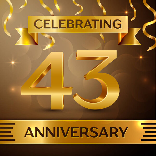 Дизайн для празднования сорока трех лет. Конфетти и золотая лента на золотом фоне. Цветные элементы шаблона вектора для вашего дня рождения. Лента юбилея
