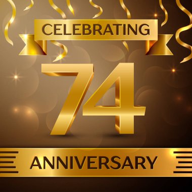 Yetmiş dört yıl yıldönümü kutlama tasarım. Konfeti ve altın zemin üzerine altın şerit. Doğum günü partin için renkli vektör şablon öğeleri. Yıldönümü şerit