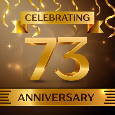 Yetmiş üç yıl yıldönümü kutlama tasarım. Konfeti ve altın zemin üzerine altın şerit. Doğum günü partin için renkli vektör şablon öğeleri. Yıldönümü şerit