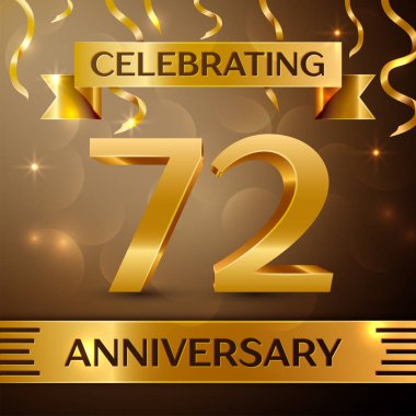 Yetmiş iki yıl yıldönümü kutlama tasarım. Konfeti ve altın zemin üzerine altın şerit. Doğum günü partin için renkli vektör şablon öğeleri. Yıldönümü şerit