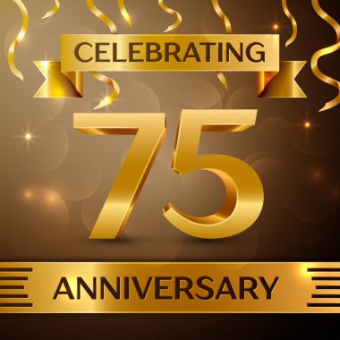 Yetmiş beş yıl yıldönümü kutlama tasarım. Konfeti ve altın zemin üzerine altın şerit. Doğum günü partin için renkli vektör şablon öğeleri. Yıldönümü şerit