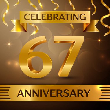 Altmış yedi yıl yıldönümü kutlama tasarım. Konfeti ve altın zemin üzerine altın şerit. Doğum günü partin için renkli vektör şablon öğeleri. Yıldönümü şerit