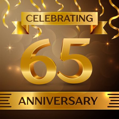 Altmış beş yıl yıldönümü kutlama tasarım. Konfeti ve altın zemin üzerine altın şerit. Doğum günü partin için renkli vektör şablon öğeleri. Yıldönümü şerit