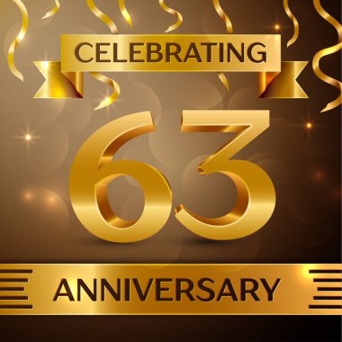 Altmış üç yıl yıldönümü kutlama tasarım. Konfeti ve altın zemin üzerine altın şerit. Doğum günü partin için renkli vektör şablon öğeleri. Yıldönümü şerit