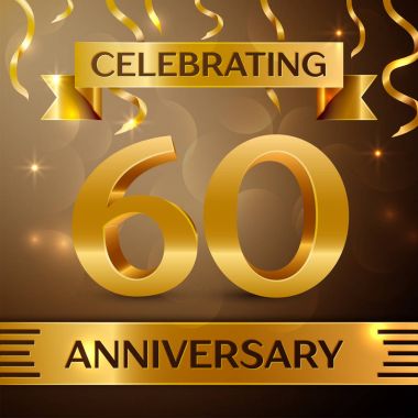 Altmış yıl yıldönümü kutlama tasarım. Konfeti ve altın zemin üzerine altın şerit. Doğum günü partin için renkli vektör şablon öğeleri. Yıldönümü şerit