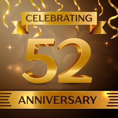 Elli iki yıl yıldönümü kutlama tasarım. Konfeti ve altın zemin üzerine altın şerit. Doğum günü partin için renkli vektör şablon öğeleri. Yıldönümü şerit