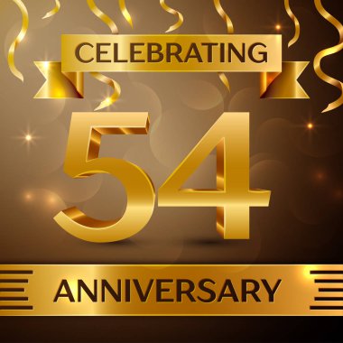 Elli dört yıl yıldönümü kutlama tasarım. Konfeti ve altın zemin üzerine altın şerit. Doğum günü partin için renkli vektör şablon öğeleri. Yıldönümü şerit