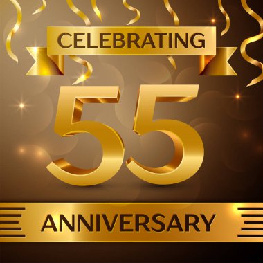 Elli beş yıl yıldönümü kutlama tasarım. Konfeti ve altın zemin üzerine altın şerit. Doğum günü partin için renkli vektör şablon öğeleri. Yıldönümü şerit