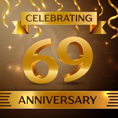 Altmış dokuz yıl yıldönümü kutlama tasarım. Konfeti ve altın zemin üzerine altın şerit. Doğum günü partin için renkli vektör şablon öğeleri. Yıldönümü şerit