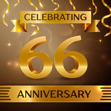 Altmış altı yıl yıldönümü kutlama tasarım. Konfeti ve altın zemin üzerine altın şerit. Doğum günü partin için renkli vektör şablon öğeleri. Yıldönümü şerit