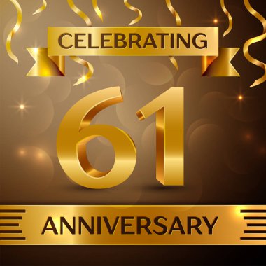 Altmış bir yıl yıldönümü kutlama tasarım. Konfeti ve altın zemin üzerine altın şerit. Doğum günü partin için renkli vektör şablon öğeleri. Yıldönümü şerit