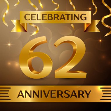 Altmış iki yıl yıldönümü kutlama tasarım. Konfeti ve altın zemin üzerine altın şerit. Doğum günü partin için renkli vektör şablon öğeleri. Yıldönümü şerit