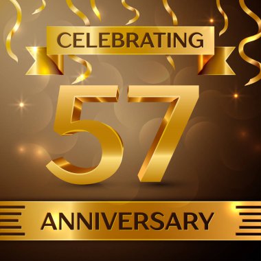 Elli yedi yıl yıldönümü kutlama tasarım. Konfeti ve altın zemin üzerine altın şerit. Doğum günü partin için renkli vektör şablon öğeleri. Yıldönümü şerit